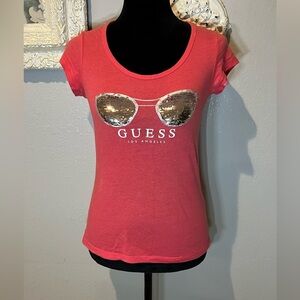 Guess Pink Sequin Fitted Cap Sleeve Tee